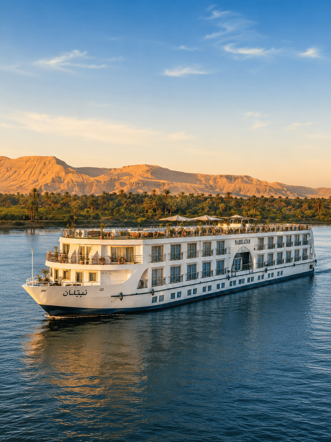 The M/S Nabilatan sailing the Nile at golden hour near Luxor, Egypt, the vessel for the 2027 total solar eclipse journey